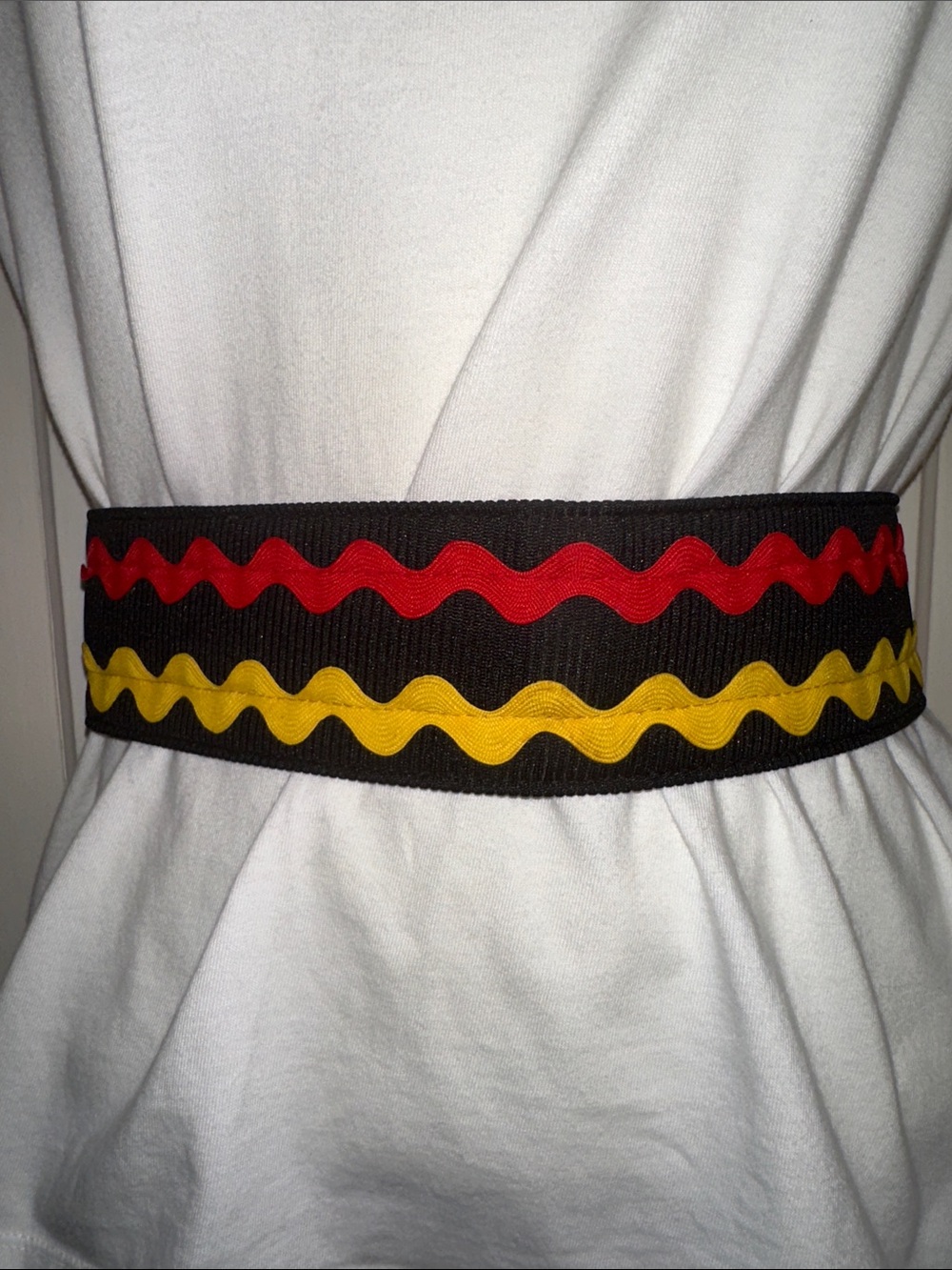 Vintage 60s/70s Textra Black Canvas Cloth Waist Belt - Red and Yellow Rickrack